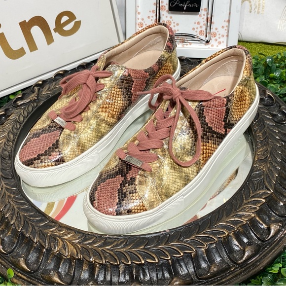 J/SLIDES Gold and Pink Snakeskin Sneakers - Picture 1 of 14
